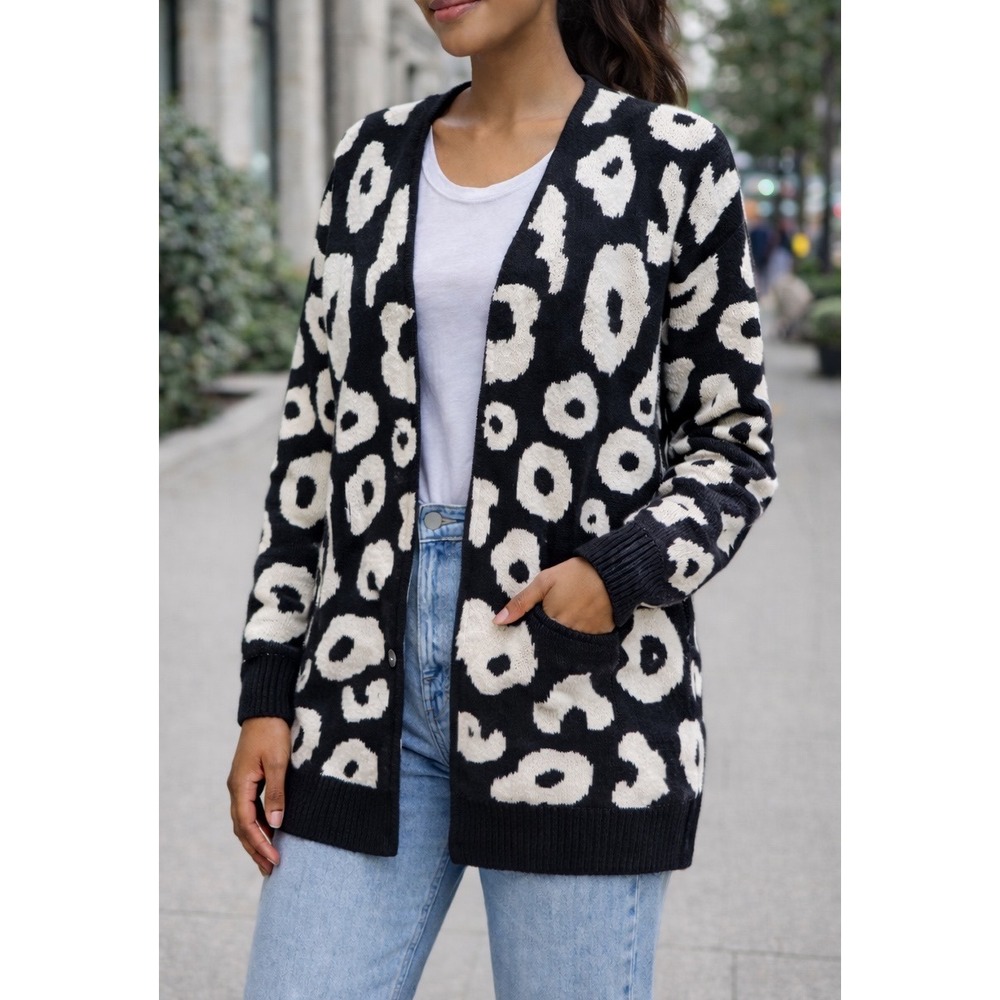 BTFBM Long Black White Open Knit Longsleeve Cardigan Womens Size XL‎